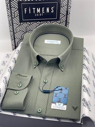 Slim Fit Uzun Kol Baklava Desen Kol Nakışlı Yaka Düğmeli Hediye Kutulu Şık Erkek Gömlek FS-004200 - Yeşil