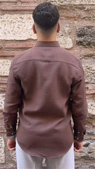 Slim Fit Uzun Kol Müslin Pamuk Rahat Nefes Alabilen Kumaştan Yaka Düğmeli Hediye Kutulu Erkek Gömlek FS-004202 - Kahverengi