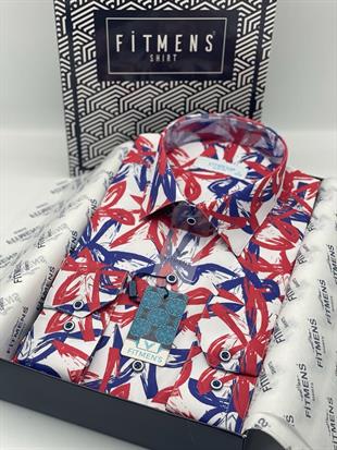 Slim Fit Uzun Kol Dijital Baskılı Kırmızı Mavi Gömlek FS-003233 - Kırmızı