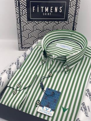 Slim Fit Uzun Kol Likralı Çizgili Yaka Düğmeli Hediye Kutulu Erkek Gömlek FS-003669 - Yeşil