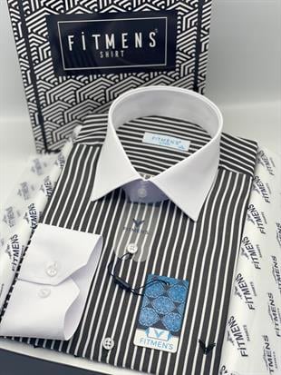 Klasik Uzun Kol Cepsiz Yaka Manşet Beyaz Hediye Kutulu Erkek Gömlek FS-004328 - Siyah Beyaz