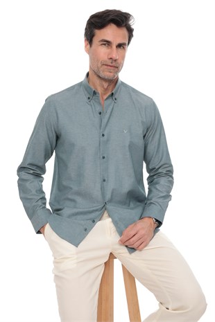 Slim Fit Uzun Kol Pamuklu Hediye Kutulu Kolay Ütülenebilir Erkek Gömlek FS-002225 - Yeşil