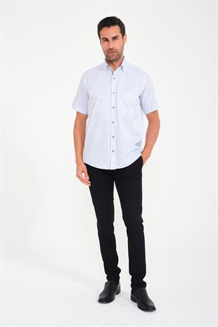 Klasik Kısa Kol Kalın Çizgili Hediye Kutulu Erkek Gömlek FS-000702 - Beyaz Açık Mavi