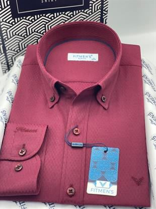 Slim Fit Uzun Kol Baklava Desen Kol Nakışlı Yaka Düğmeli Hediye Kutulu Şık Erkek Gömlek FS-004200 - Bordo