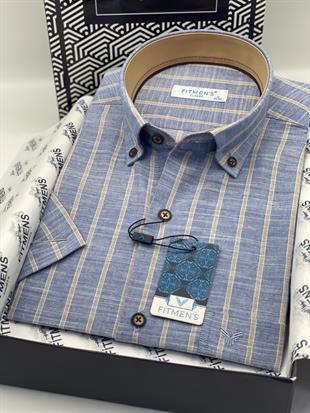 Klasik Kısa Kol Keten Çizgili Hediye Kutulu Erkek Gömlek FS-003625 - İndigo