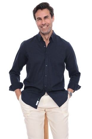 Slim Fit Uzun Kol Yaka Düğmeli Nefes Alan Keten Hediye Kutulu Erkek Gömlek FS-004548 - Lacivert