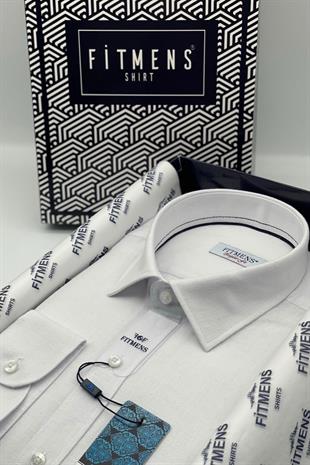 Regular Fit Uzun Kol Keten Cepsiz Hediye Kutulu Erkek Gömlek FS-001578 - Beyaz
