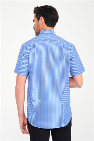 Klasik Kısa Kol Kalın Çizgili Hediye Kutulu Erkek Gömlek FS-000702 - Saks Mavi