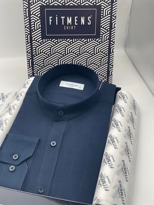 Hakim Yaka Slim Fit Keten Hediye Kutulu Erkek Gömlek FS-003042 - Lacivert