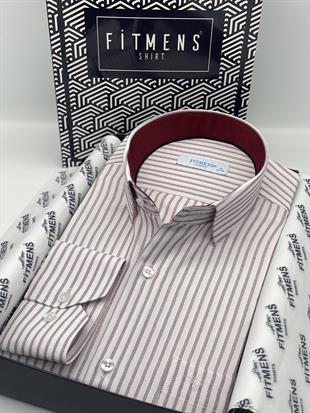 Klasik Uzun Kol Çizgili Hediye Kutulu Erkek Gömlek FS-003864 - Beyaz Bordo