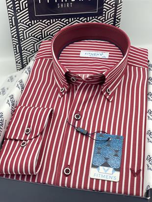 Slim Fit Uzun Kol Premium Kalın Çizgili Yaka Düğmeli Hediye Kutulu Kolay Ütülenebilir Erkek Gömlek FS-001375 - Bordo