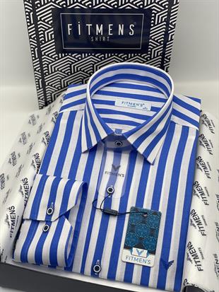 Klasik Uzun Kol Çizgili Cepsiz Yaka Alttan Düğmeli Likralı Hediye Kutulu Erkek Gömlek FS-003175 - Saks Mavi Beyaz