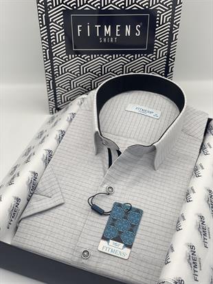 Klasik Kısa Kol Keten Cotton Kareli Pamuk Hediye Kutulu Erkek Gömlek FS-003009 - Gri