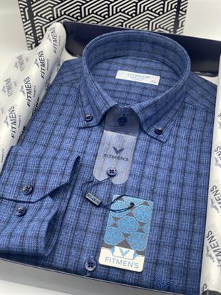 Klasik Uzun Kol Kışlık Ekoseli Oduncu Yaka Düğmeli Pamuklu Hediye Kutulu Erkek Gömlek FS-004342 - Saks Mavi