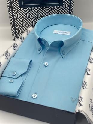 Slim Fit Uzun Kol Pamuklu Hediye Kutulu Kolay Ütülenebilir Erkek Gömlek FS-002225 - Turkuaz