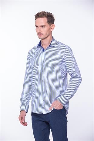 Klasik Uzun Kol Kalın Çizgili Hediye Kutulu Erkek Gömlek FS-001260 - Beyaz Saks Mavi
