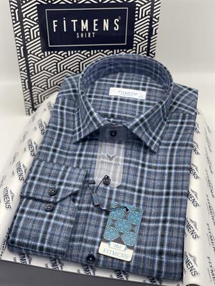 Klasik Uzun Kol Kışlık Ekoseli Oduncu Yaka Altı Düğmeli Pamuklu Hediye Kutulu Erkek Gömlek FS-001987 - Mavi