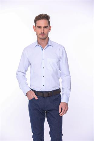 Klasik Uzun Kol Nokta Desenli Hediye Kutulu Erkek Gömlek FS-001259 - Beyaz Açık Mavi