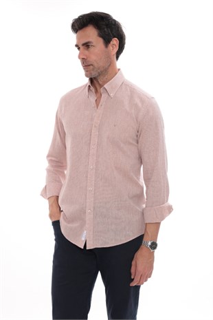 Slim Fit Uzun Kol Yaka Düğmeli Nefes Alan Keten Hediye Kutulu Erkek Gömlek FS-004548 - Koyu Bej