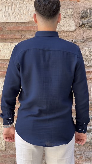 Slim Fit Uzun Kol Müslin Pamuk Rahat Nefes Alabilen Kumaştan Yaka Düğmeli Hediye Kutulu Erkek Gömlek FS-004202 - Lacivert