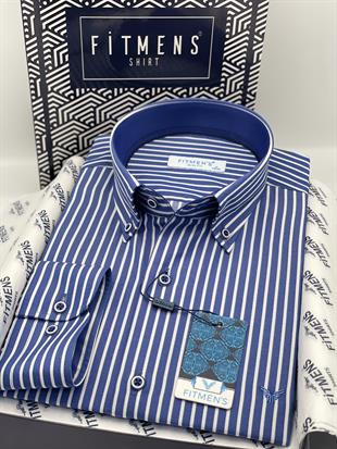 Slim Fit Uzun Kol Premium Kalın Çizgili Yaka Düğmeli Hediye Kutulu Kolay Ütülenebilir Erkek Gömlek FS-001375 - Saks Mavi
