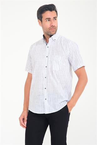 Klasik Kısa Kol Armür Çizgili Flam Keten Düğmeli Yaka Hediye Kutulu Erkek Gömlek FS-000678 - Beyaz Lacivert