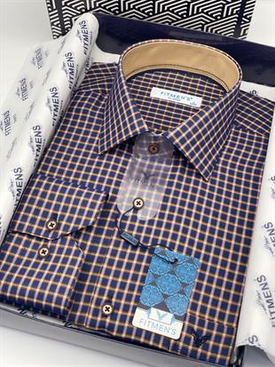 Klasik Geniş Kesim Uzun Kol Elegance Kareli Yaka Düğmeli Hediye Kutulu Erkek Gömlek FS-004341 - Lacivert Bej