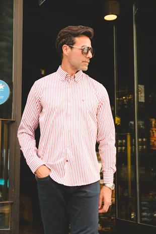 Slim Fit Uzun Kol Likralı Çizgili Yaka Düğmeli Hediye Kutulu Erkek Gömlek FS-003669 - Bordo