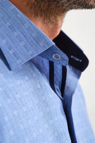 Klasik Kısa Kol Açık Zemin Kutu Desen Keten Cotton Hediye Kutulu Erkek Gömlek FS-000745 - İndigo