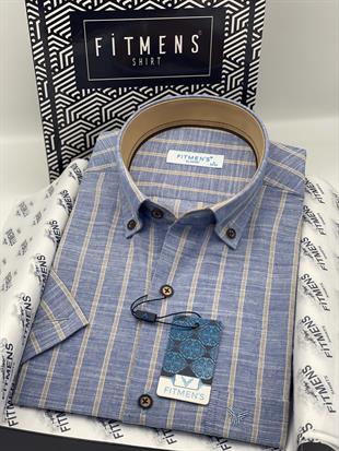 Klasik Kısa Kol Keten Çizgili Hediye Kutulu Erkek Gömlek FS-003625 - İndigo