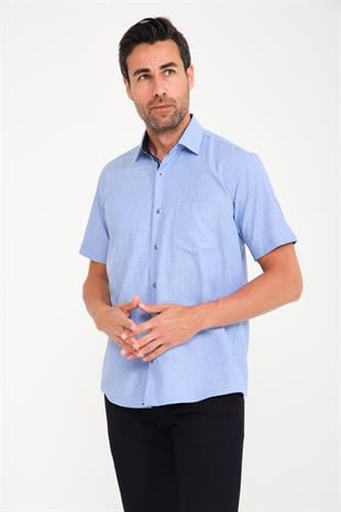Klasik Kısa Kol Neon Çiçek Armür Hediye Kutulu Erkek Gömlek FS-001214 - Mavi