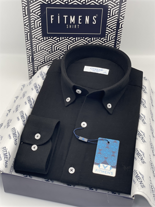 Slim Fit Uzun Kol Müslin Pamuk Rahat Nefes Alabilen Kumaştan Yaka Düğmeli Hediye Kutulu Erkek Gömlek FS-004202 - Siyah