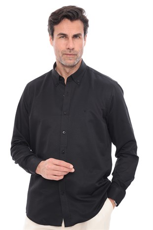 Slim Fit Uzun Kol Baklava Desen Kol Nakışlı Yaka Düğmeli Hediye Kutulu Şık Erkek Gömlek FS-004200 - Siyah