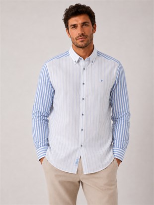 Slim Fit Uzun Kol Keten Likra Çift Desen Cepsiz Hediye Kutulu Erkek Gömlek FS-004577 - Açık Mavi