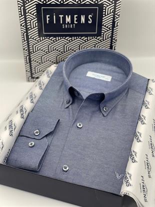 Slim Fit Uzun Kol Pamuklu Hediye Kutulu Kolay Ütülenebilir Erkek Gömlek FS-002225 - İndigo