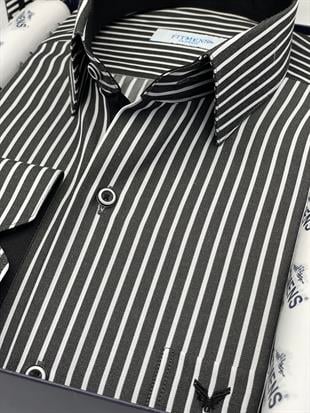 Klasik Uzun Kol Premium Kalın Çizgili Hediye Kutulu Erkek Gömlek FS-001266 - Siyah Beyaz