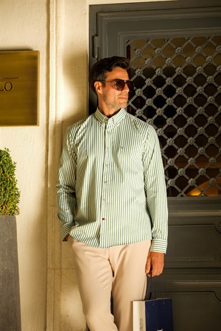Slim Fit Uzun Kol Likralı Çizgili Yaka Düğmeli Hediye Kutulu Erkek Gömlek FS-003669 - Yeşil