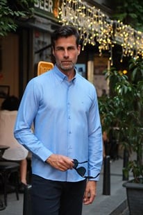 Slim Fit Uzun Kol Pamuklu Hediye Kutulu Kolay Ütülenebilir Erkek Gömlek FS-002225 - Saks Mavi