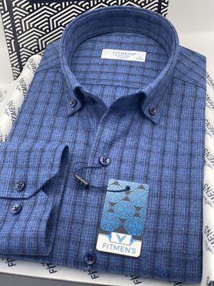 Klasik Uzun Kol Kışlık Ekoseli Oduncu Yaka Düğmeli Pamuklu Hediye Kutulu Erkek Gömlek FS-004342 - Saks Mavi