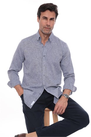 Slim Fit Uzun Kol Yaka Düğmeli Nefes Alan Keten Hediye Kutulu Erkek Gömlek FS-004548 - İndigo