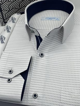 Klasik Uzun Kol Nokta Desenli Hediye Kutulu Erkek Gömlek FS-001259 - Beyaz Lacivert