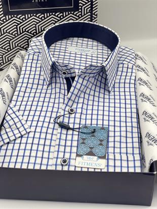Klasik Kısa Kol Kareli Hediye Kutulu Erkek Gömlek FS-004156 - Beyaz Saks Mavi