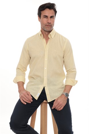 Slim Fit Uzun Kol Yaka Düğmeli Nefes Alan Keten Hediye Kutulu Erkek Gömlek FS-004548 - Sarı