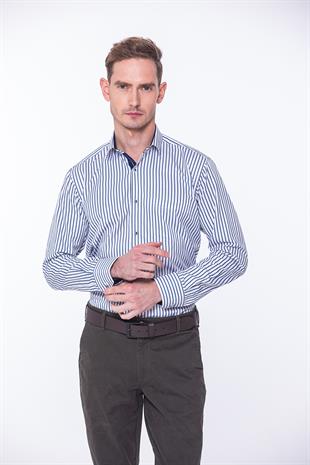 Klasik Uzun Kol Kalın Çizgili Hediye Kutulu Erkek Gömlek FS-001260 - Beyaz Lacivert