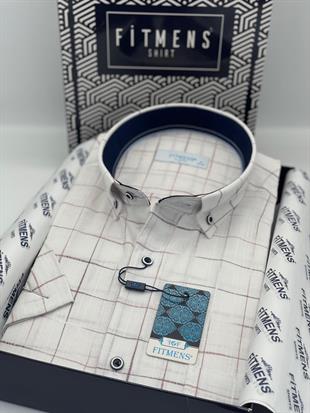 Klasik Kısa Kol Kareli Keten Cotton Yaka Düğmeli Hediye Kutulu Erkek Gömlek FS-003573 - Beyaz Bordo