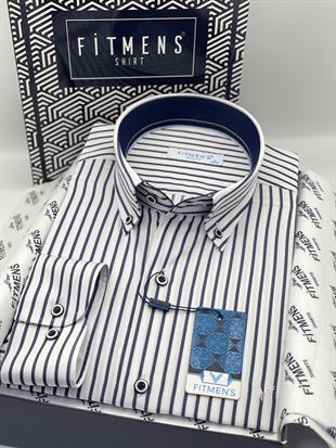 Slim Fit Uzun Kol Premium Kalın Çizgili Yaka Düğmeli Hediye Kutulu Kolay Ütülenebilir Erkek Gömlek FS-001375 - Beyaz Lacivert
