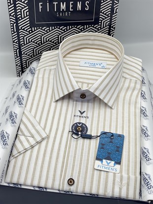 Klasik Kısa Kol Keten Cotton Nefes Alan Kumaş Hediye Kutulu Erkek Gömlek FS-004571 - Bej