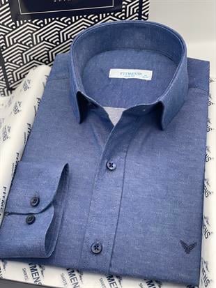 Slim Fit Uzun Kol Saten Hediye Kutulu Kolay Ütülenebilir Erkek Gömlek FS-002968 - İndigo
