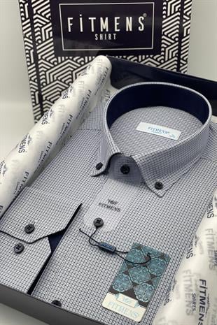 Klasik Uzun Kol Pöti Kareli Yaka Düğmeli Hediye Kutulu Erkek Gömlek FS-002273 - Lacivert