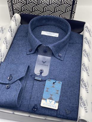 Klasik Uzun Kol Kışlık Yaka Düğmeli Yünlü %100 Cotton Hediye Kutulu Erkek Gömlek FS-003768 - Lacivert